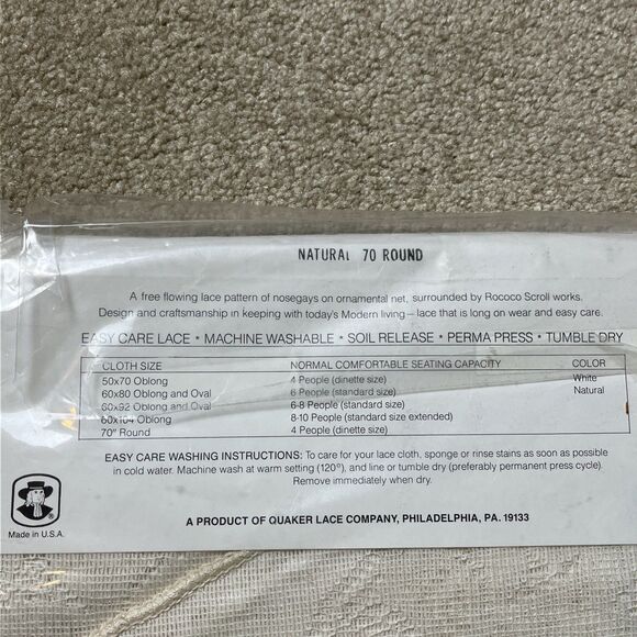 VTG NIP Quaker Mayfair 70” ROUND Lace Tablecloth Natural Ivory Made In USA‎ - Picture 5 of 6